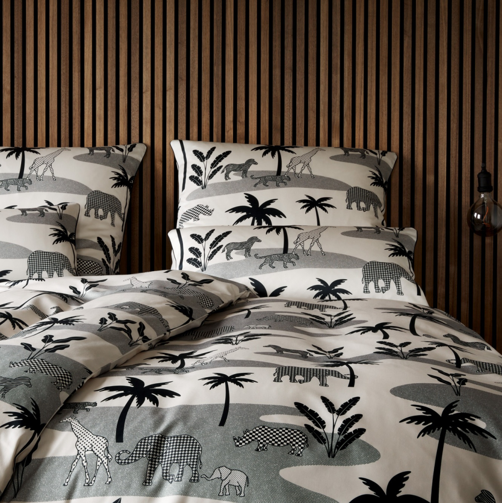 elegante Mako-Satin Bettwäsche 'Jungle Graphic' 135 x 200 cm Schwarz - Sand